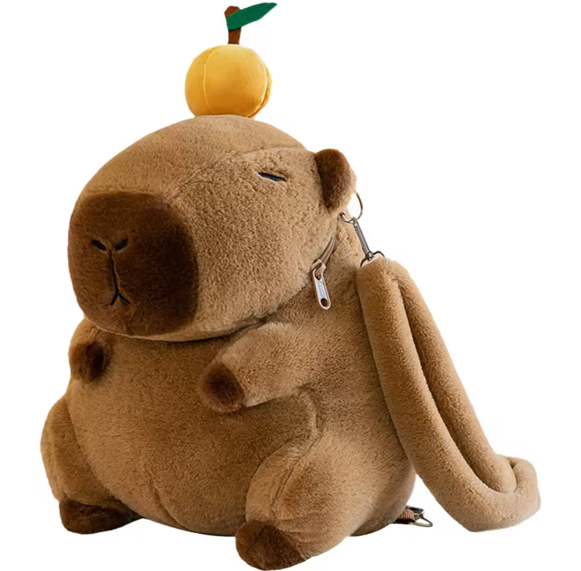 Brown Capybara back pack with Orange fruit on its head.