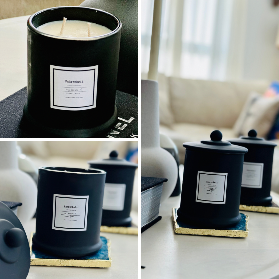 The Naomi luxury scented candle is a beautifully handcrafted black glass jar and a complimentary glass lid.