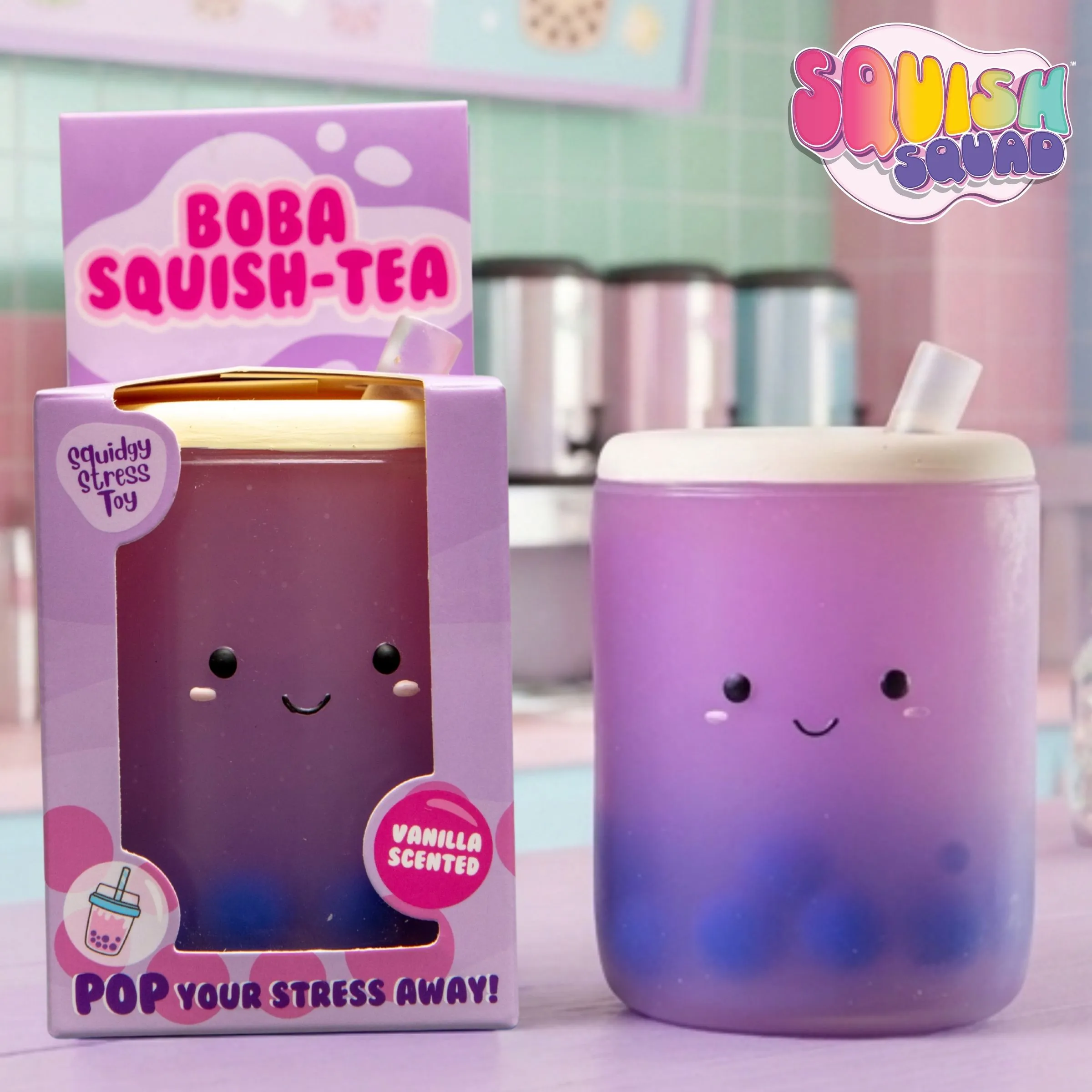Boba Squish-Tea by Squish Squad in gift box packaging with vanilla scented label