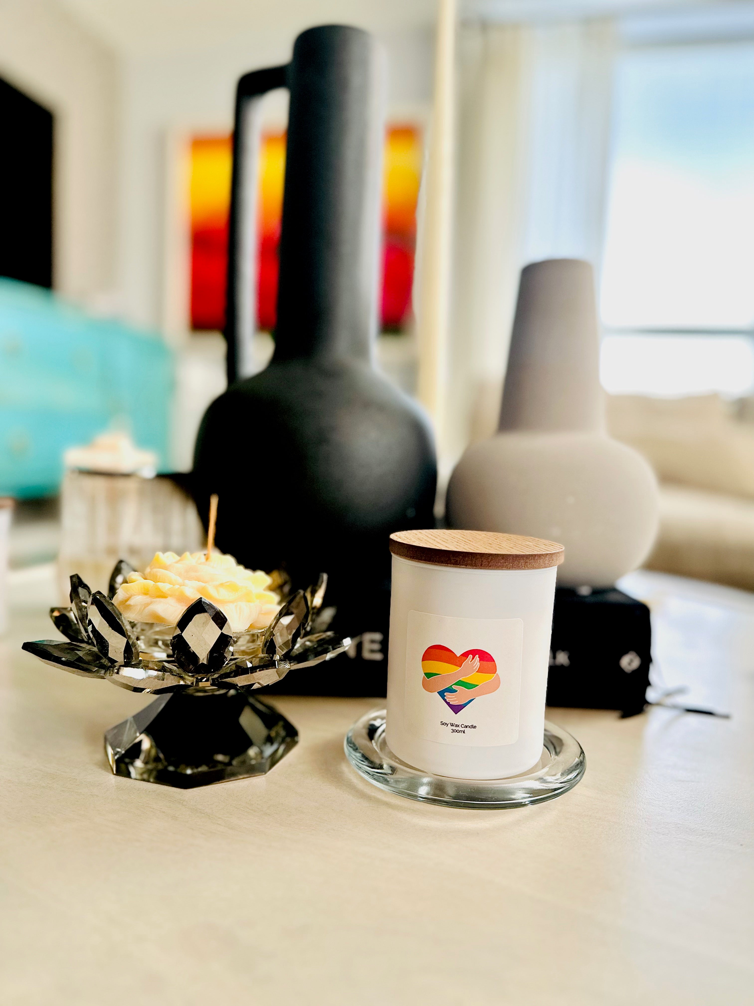 Enhance your space with our Pride Scented Glass Candle, a testament to inclusivity and joy. Embodying the essence of pride, each candle bears a cherished word for all to aspire towards and honor. Join us in spreading love and acceptance through the warm and inviting glow of our scented candle.