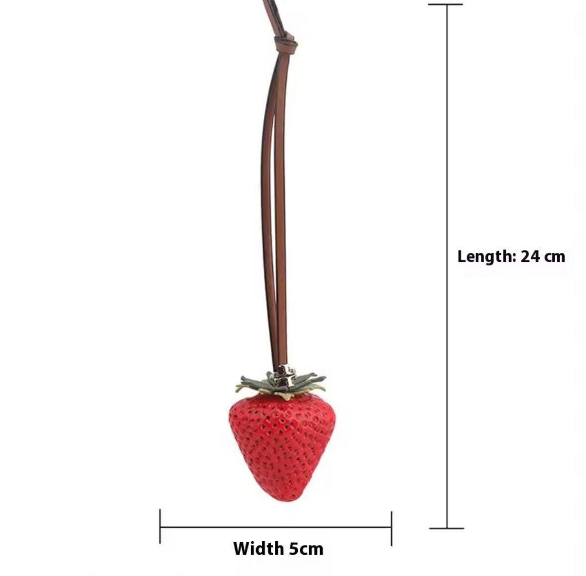 Red Strawberry Bag Charm size guide showing 24cm total length and 5cm width, with leather strap