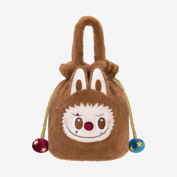 Plush bag with a cartoon face design on a white background