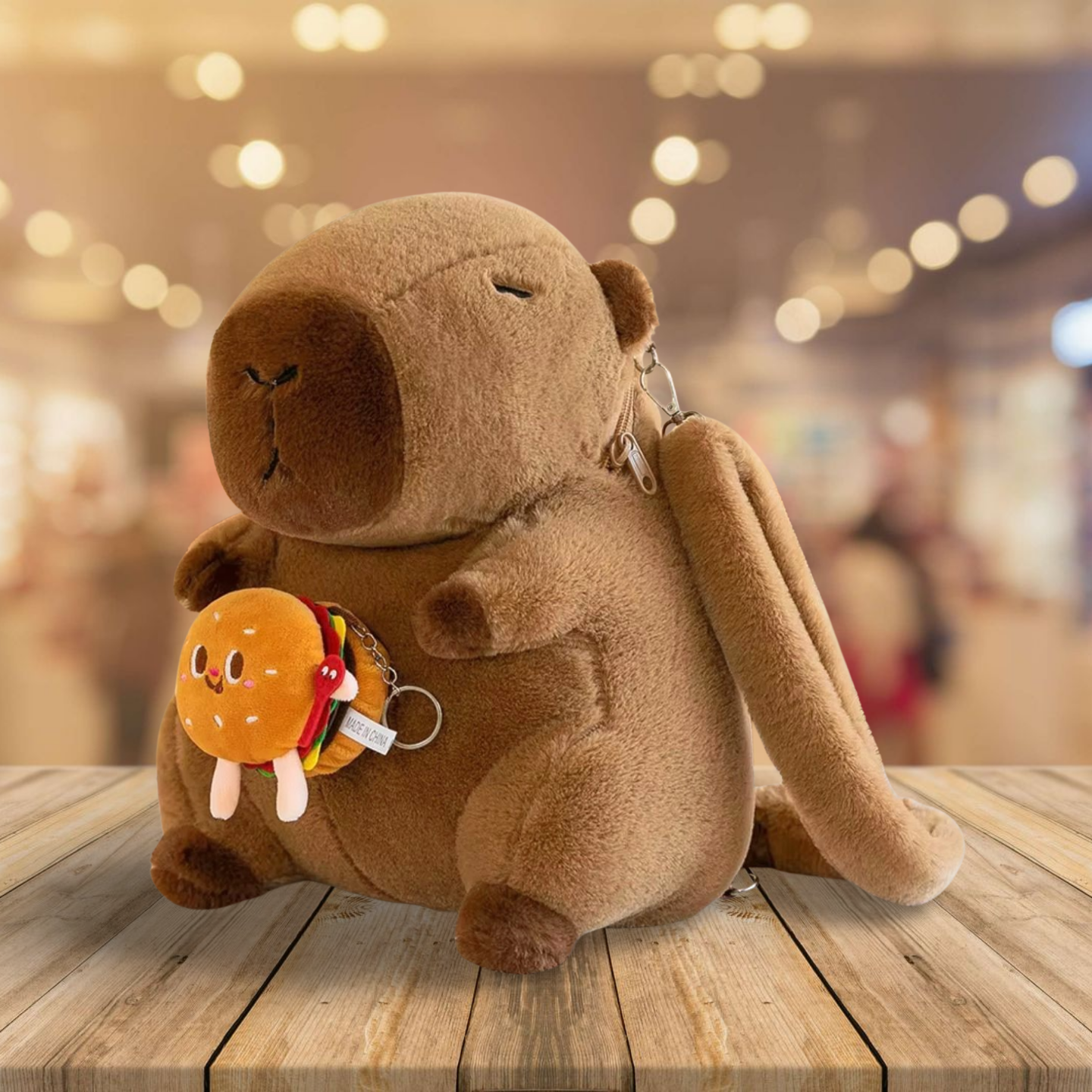 Brown plush capybara with a small burger toy attached, sitting on a wooden surface with a blurred background.