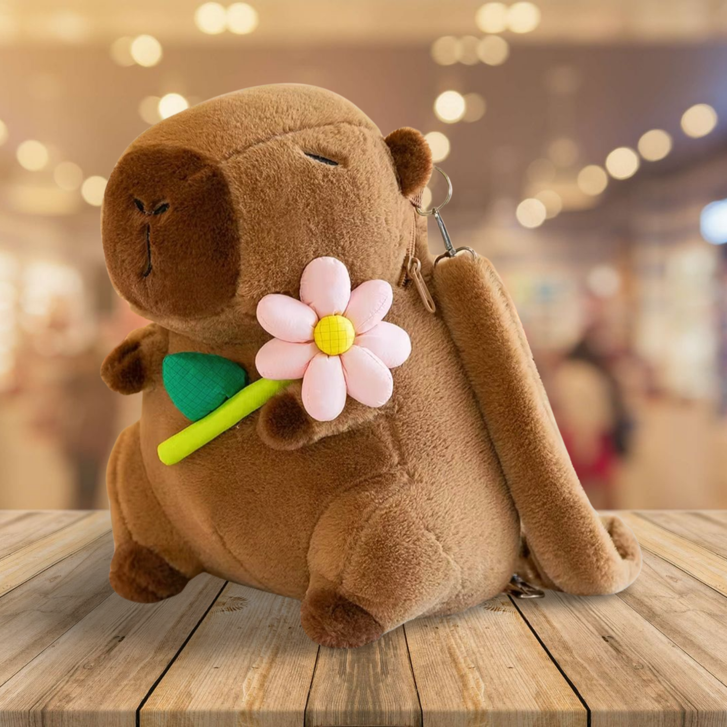 Brown plush capybara with a pink flower on a wooden surface