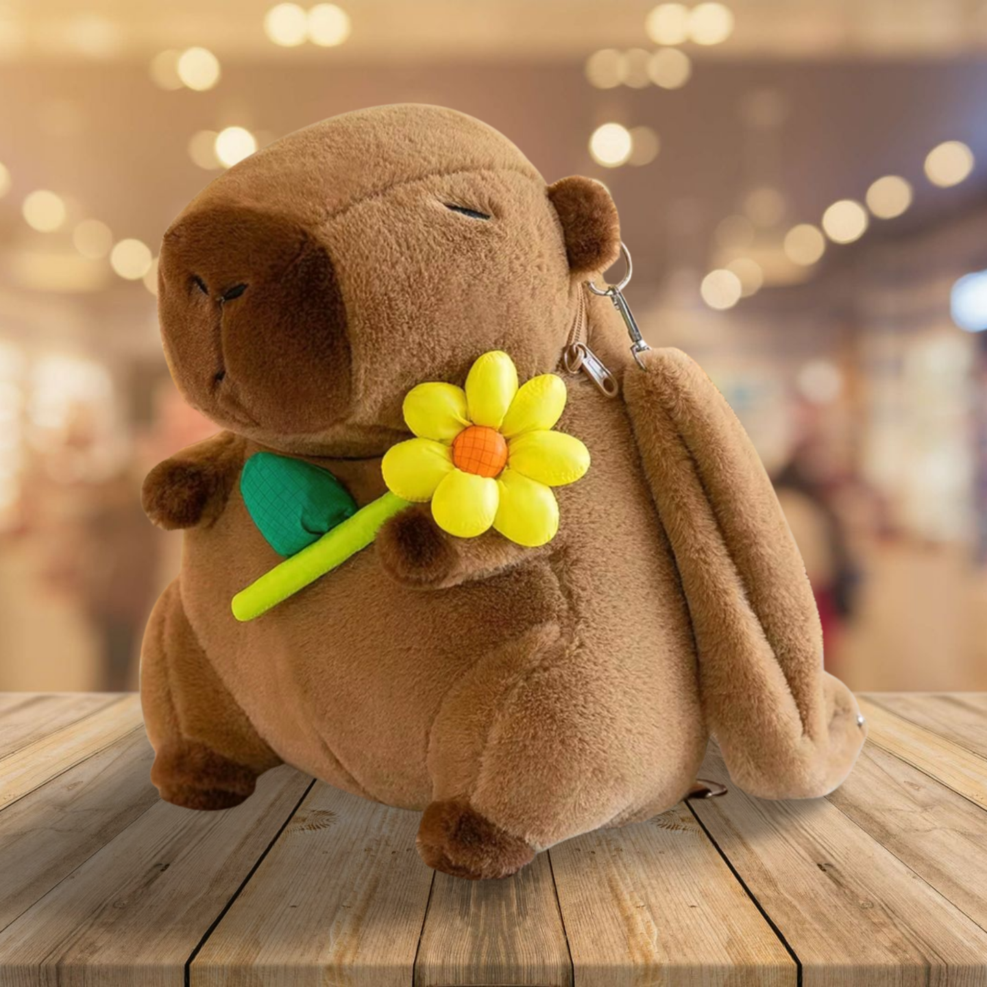 Plush capybara with a yellow flower on a wooden surface