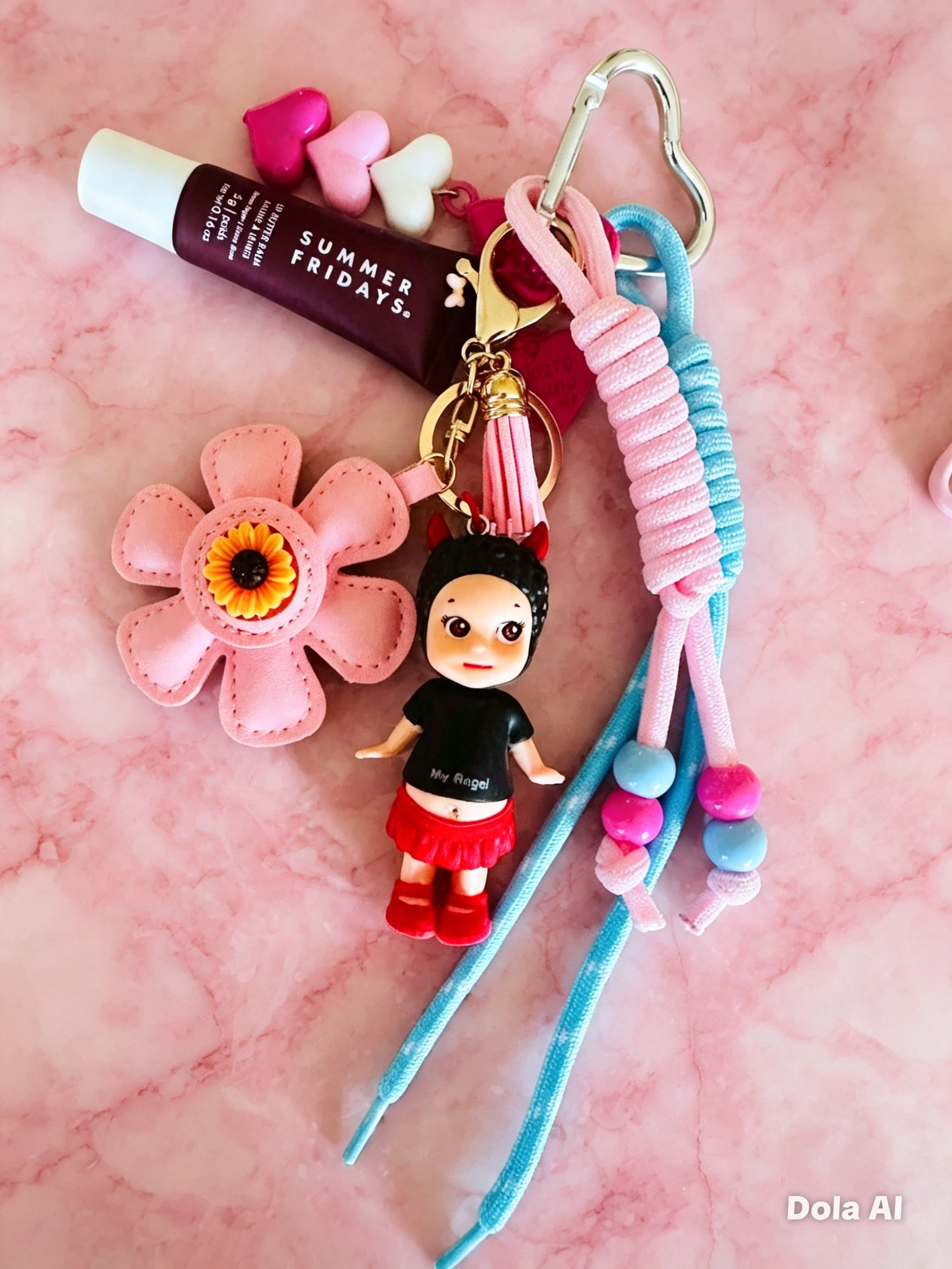 A colorful keychain set featuring a pink flower charm, a small doll figure, pink and blue braided cords, heart-shaped beads, and a lip balm tube on a pink marble background.