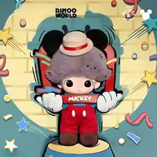 Toy figure of a character in a red outfit with a hat, sitting on a chair, against a colorful background.