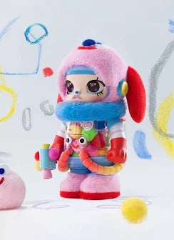 Colorful toy figure with a pink hat and rainbow scarf on a light gray background