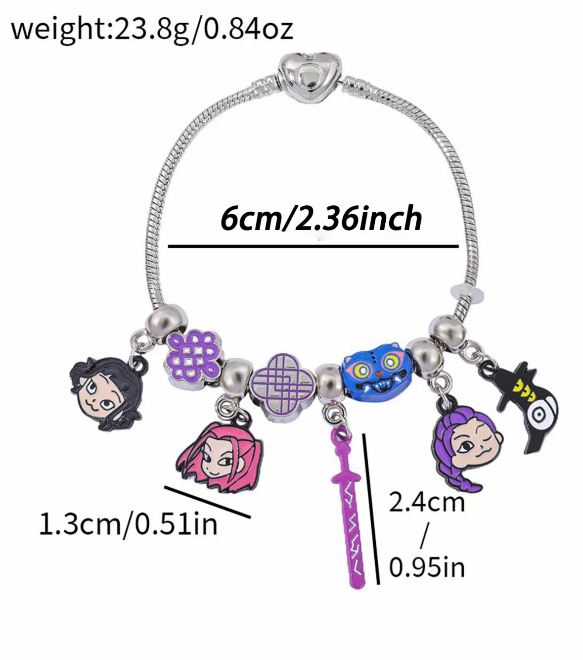 Bracelet with cartoon character charms and measurements on a white background