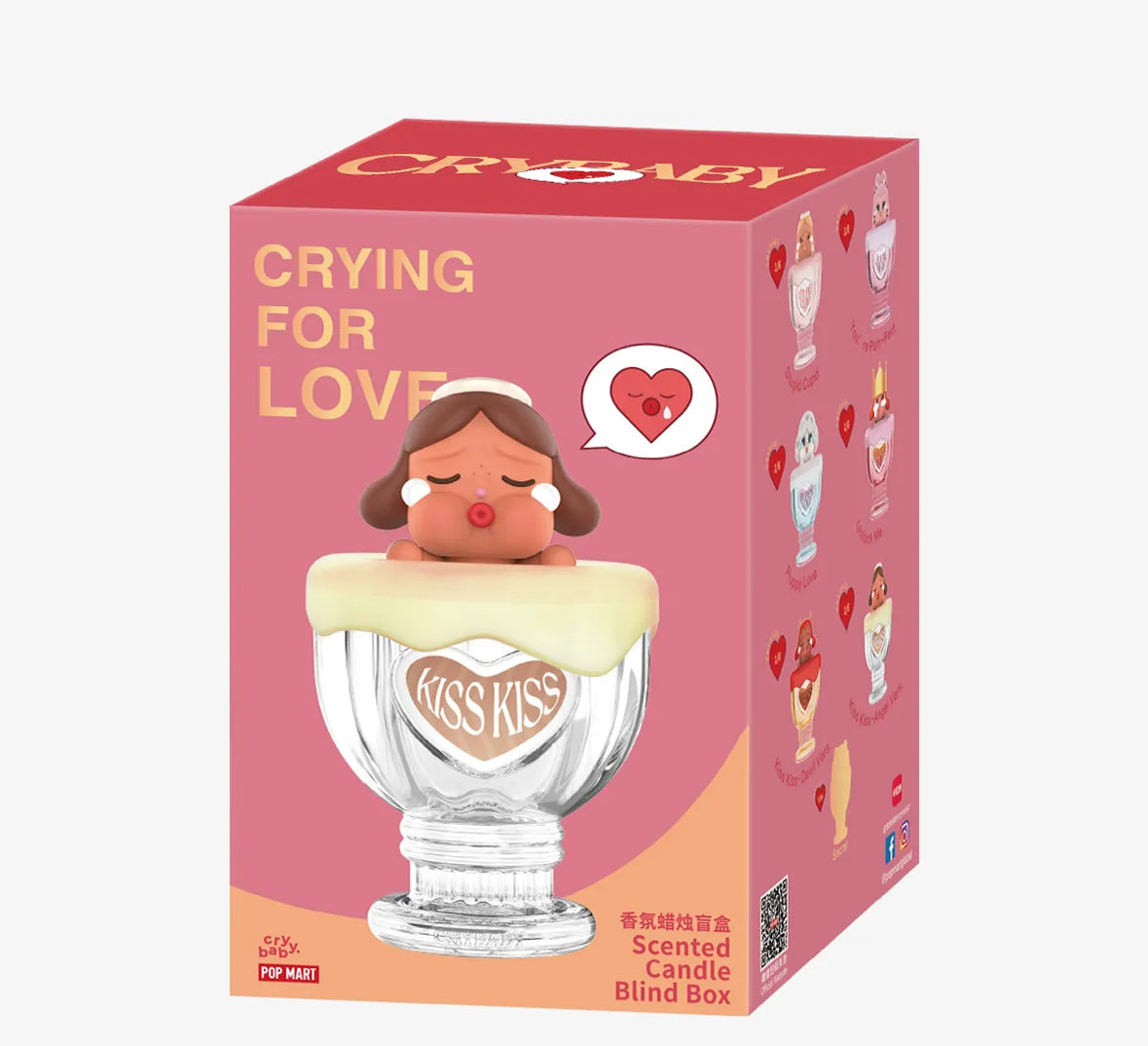 Candle blind box packaging with 'Kiss Kiss' branding on a pink background
