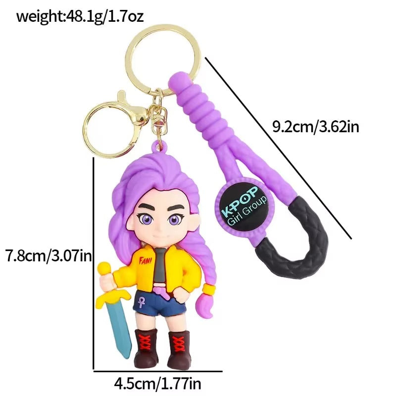 Keychain with character design, measurements, and KPOP branding.