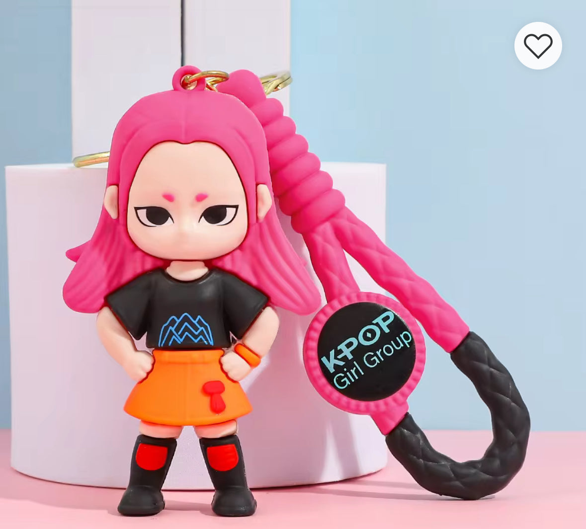 Keychain with a character design featuring Mira with pink hair and 'K-POP Girl Group' text on a light blue background.