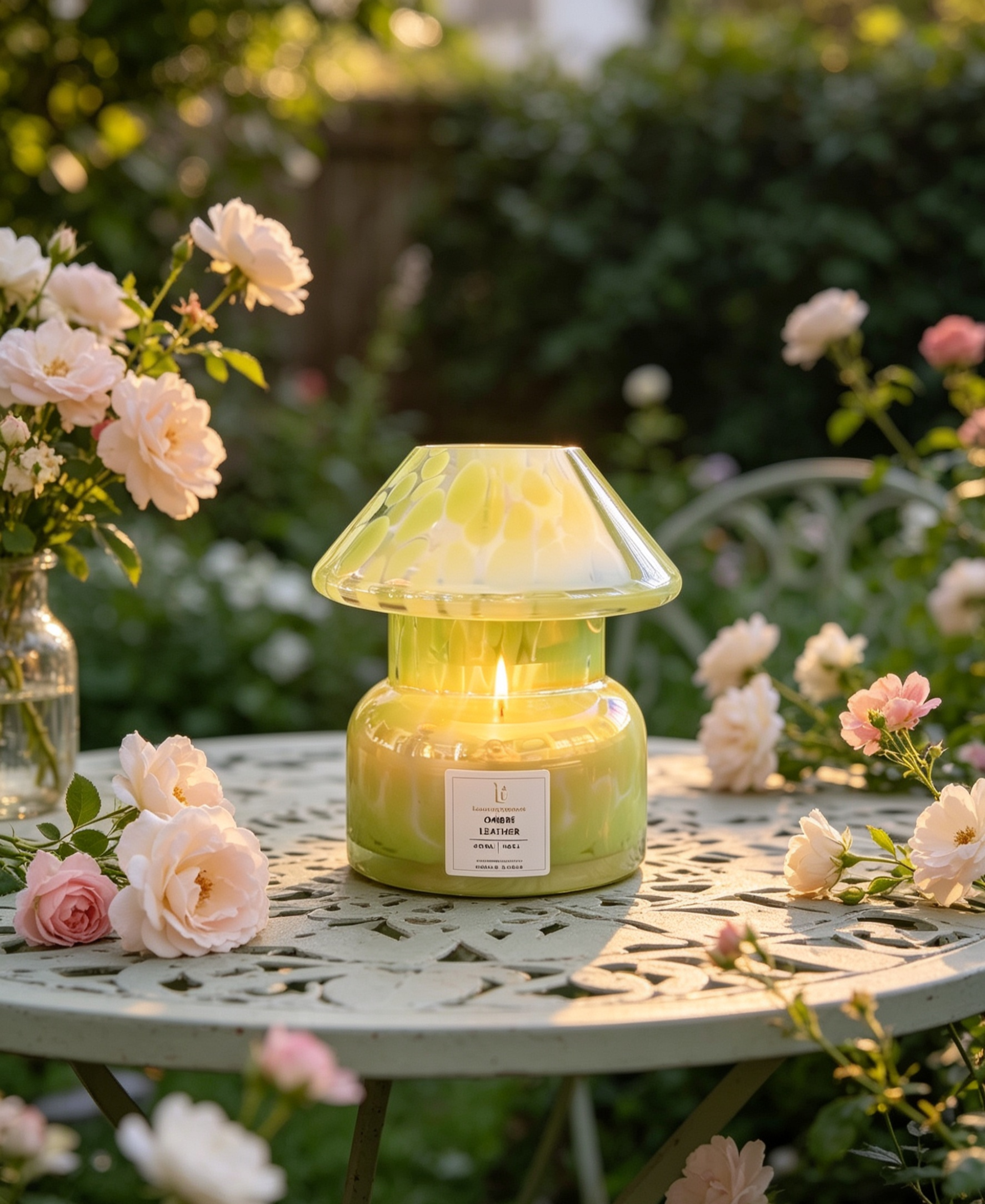 A glowing jar candle with a translucent green and yellow marbled cap sits on a white garden table surrounded by pink roses in an outdoor patio setting.