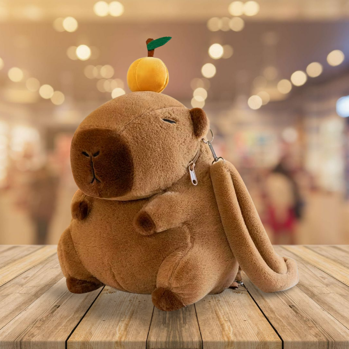 Plush toy resembling a capybara with a orange fruit on its head, sitting on a wooden surface with a blurred background.