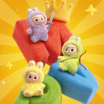 Four colorful plush toys with animal-themed costumes on a bright yellow background
