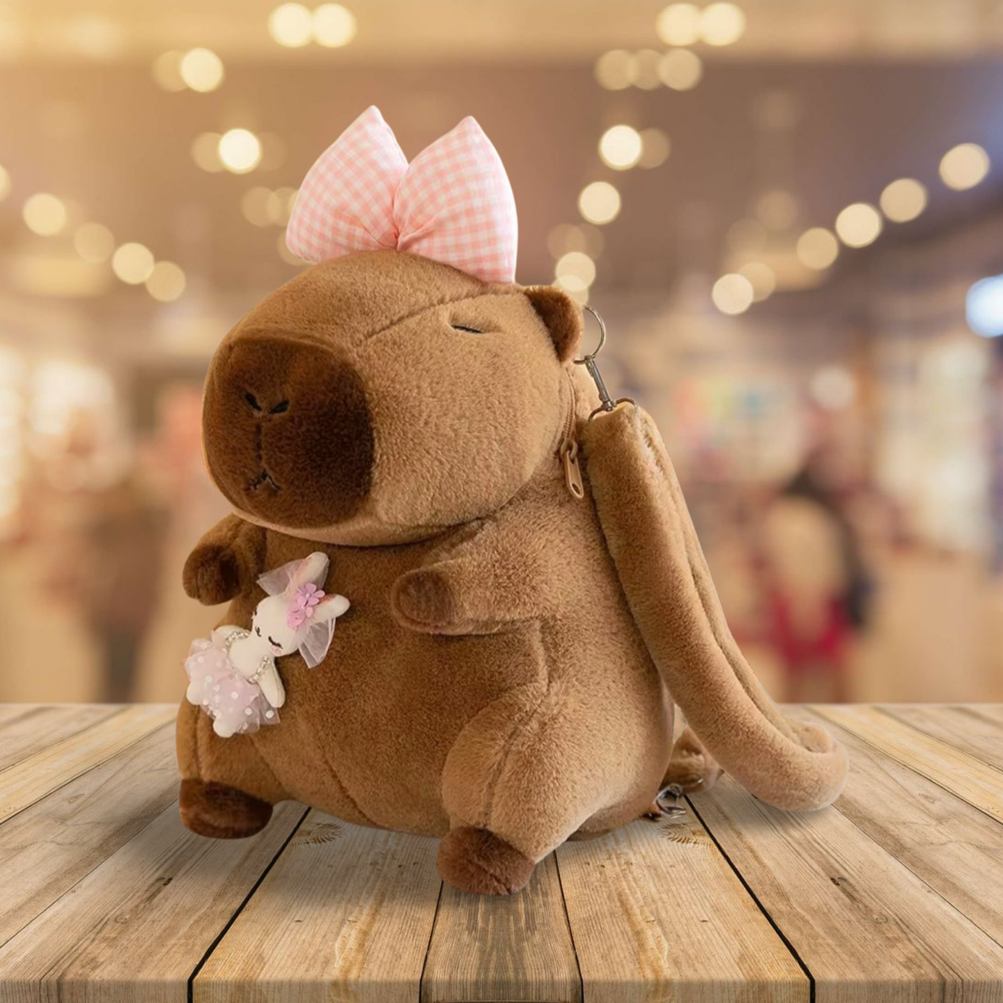 Brown plush toy with a pink bow on a wooden surface with a blurred background