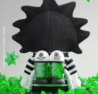 Black and white character with a striped outfit on a green background