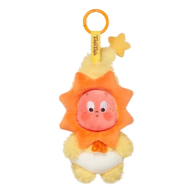 Sun-shaped plush toy with a yellow star on a white background