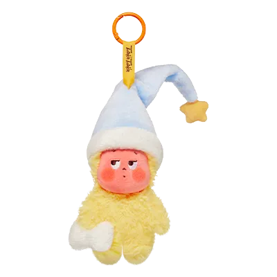 Plush toy with a sleeping cap and pacifier on a white background