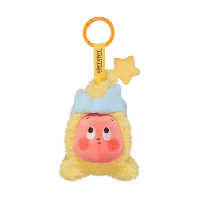 Plush toy with a star-shaped tag on a white background