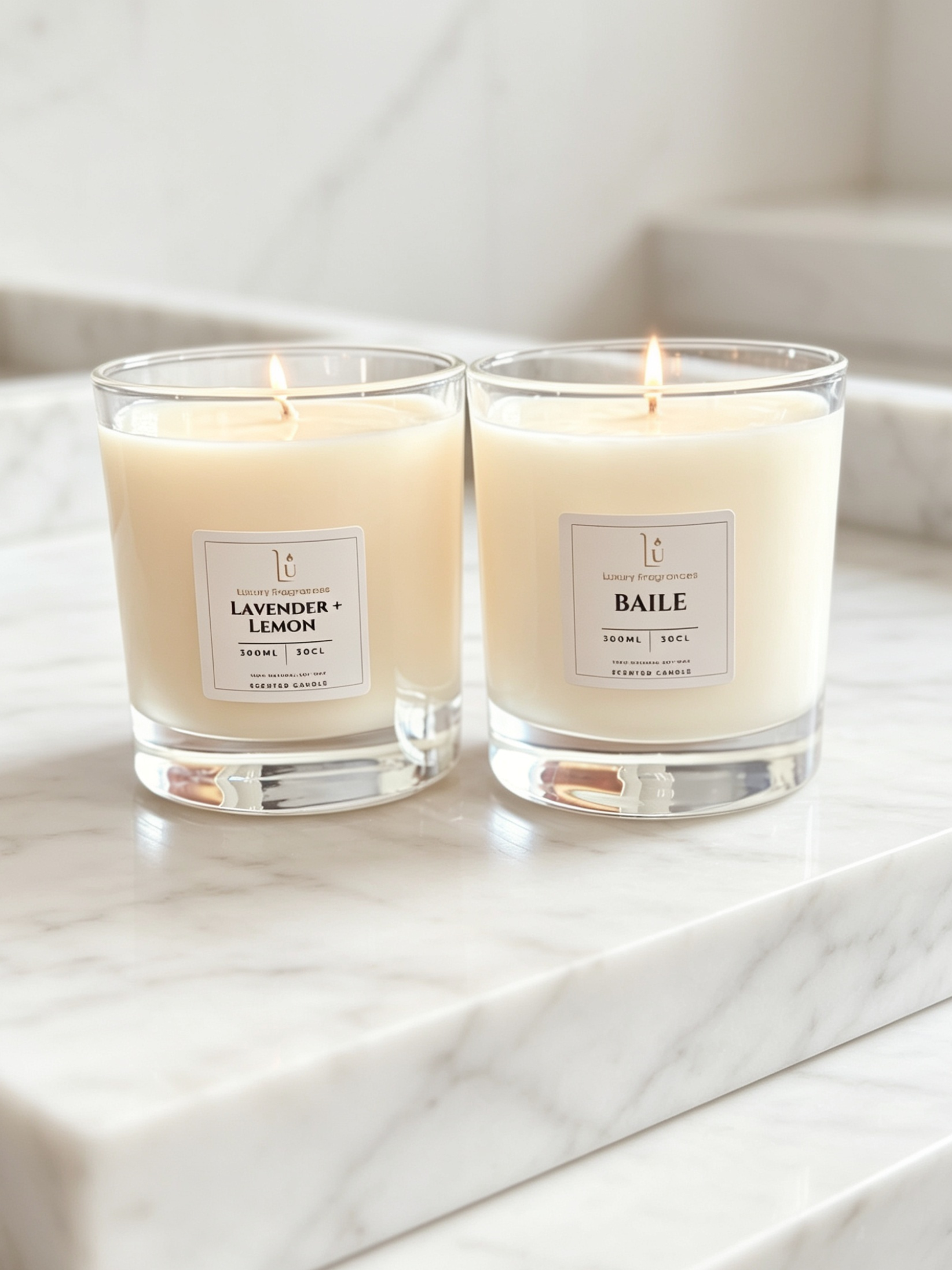 Two lit scented candles in clear glass jars with cream labels, placed on a white marble surface. The left label reads LAVENDER + LEMON, and the right label reads BAILE.