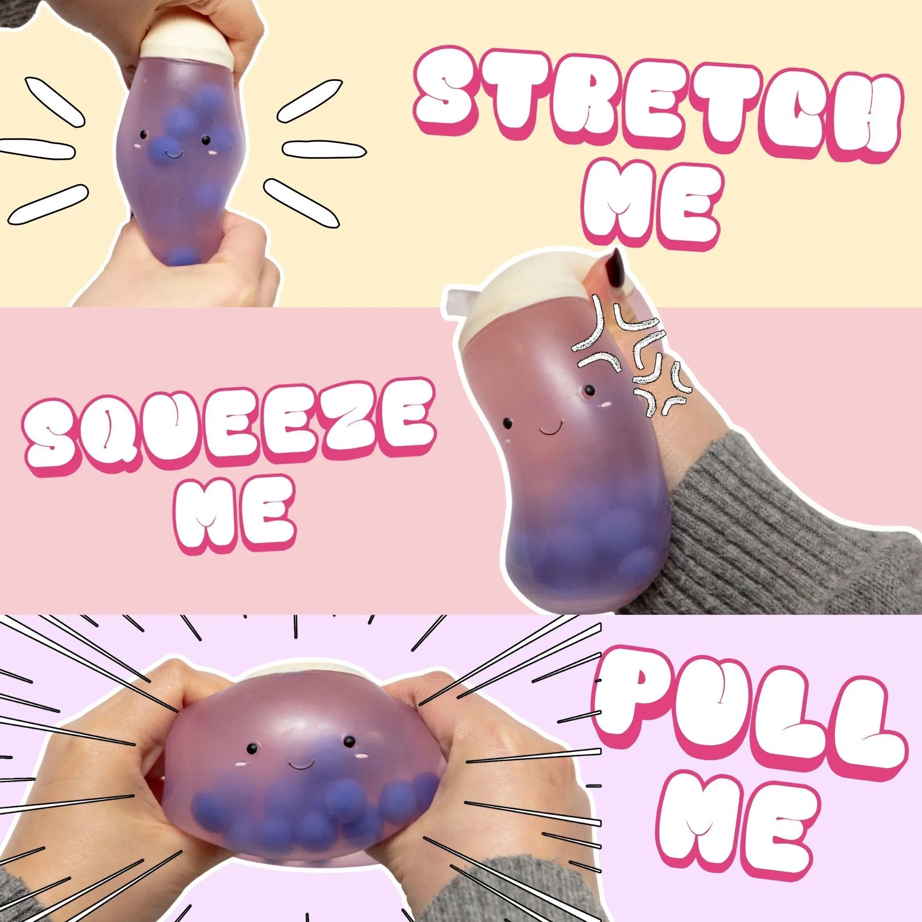 Boba squishy toy being stretched, squeezed and pulled to show flexibility