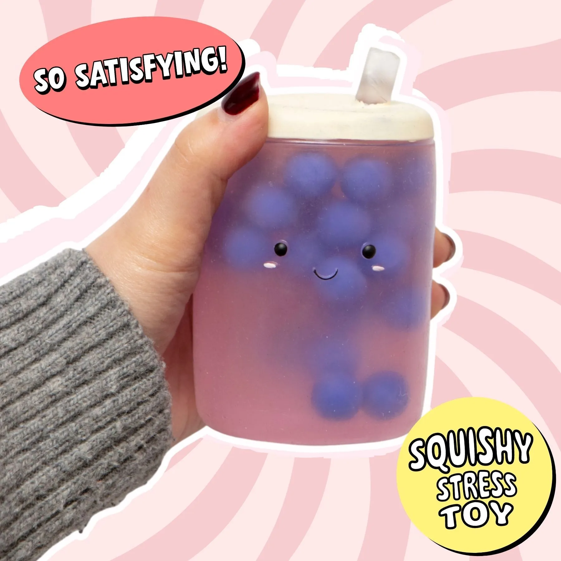 Boba bubble tea squishy toy showing blue bubble details through the purple body