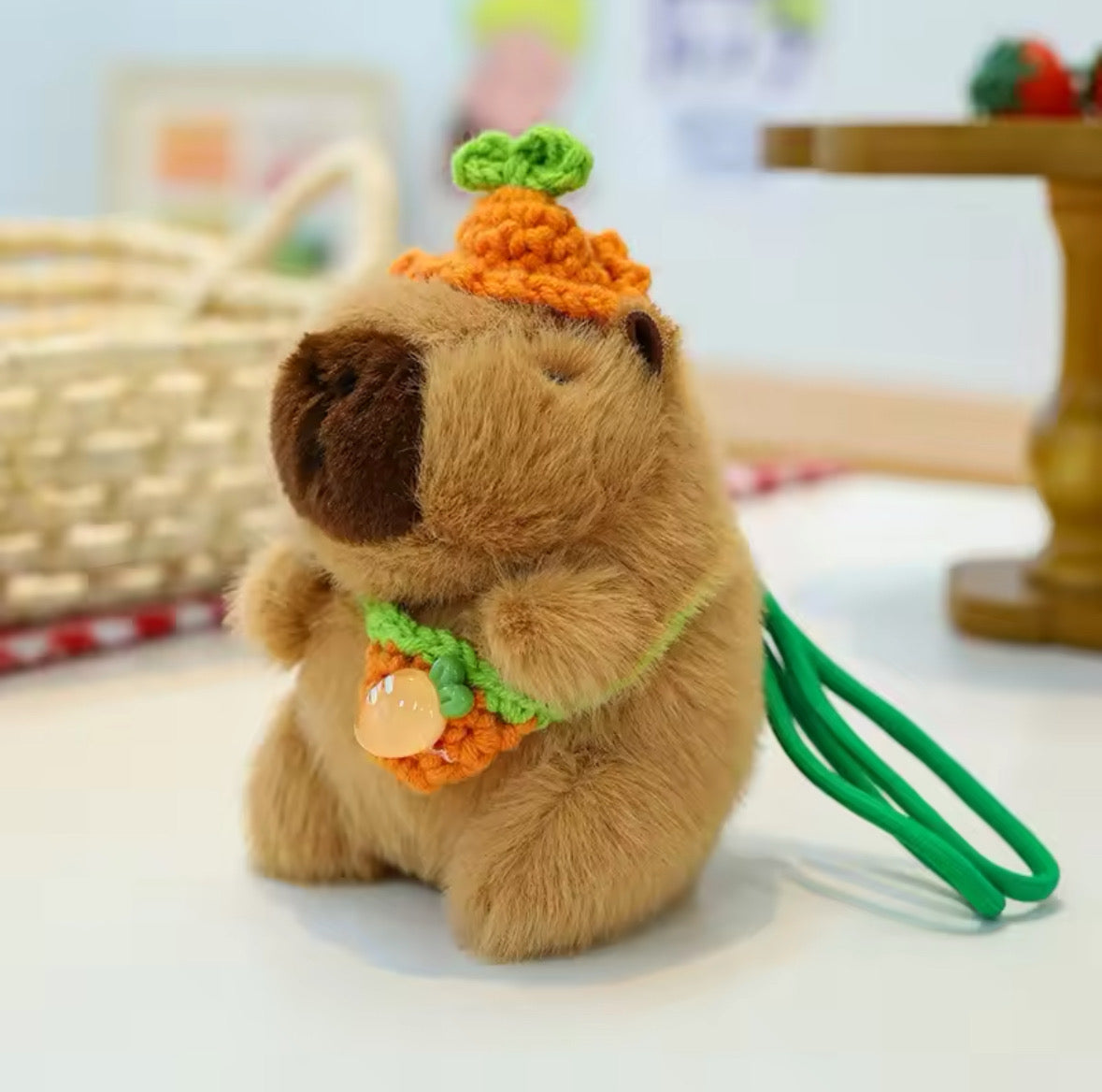 Fluffy Capybara with crochet Orange hat and bag.