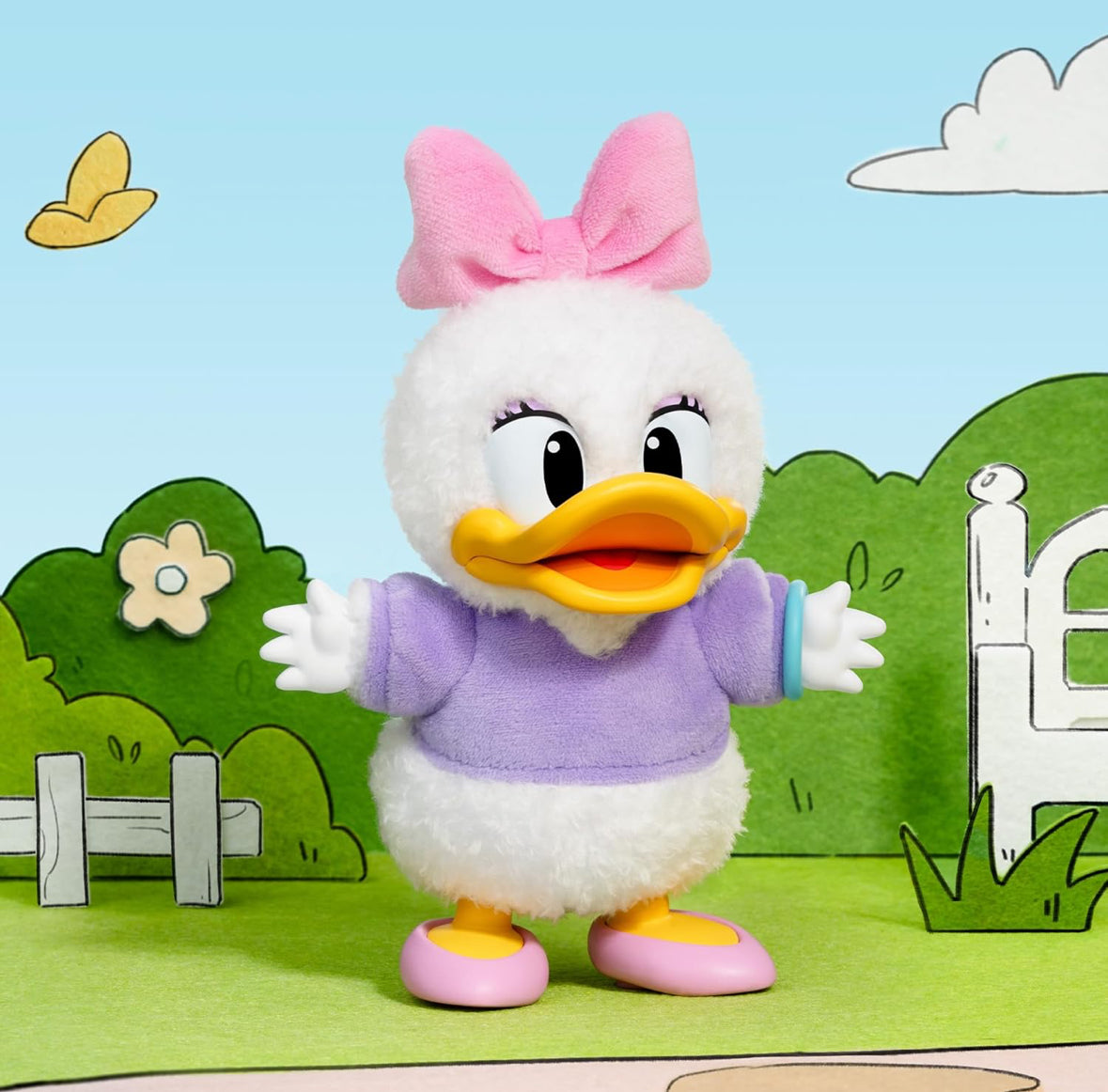 Plush toy of a cartoon character with a pink bow and purple outfit against a colorful background
