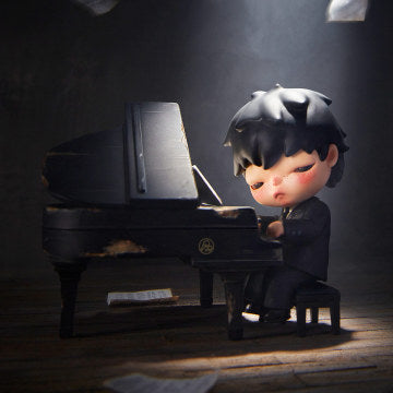 Animated character playing a piano in a dark setting