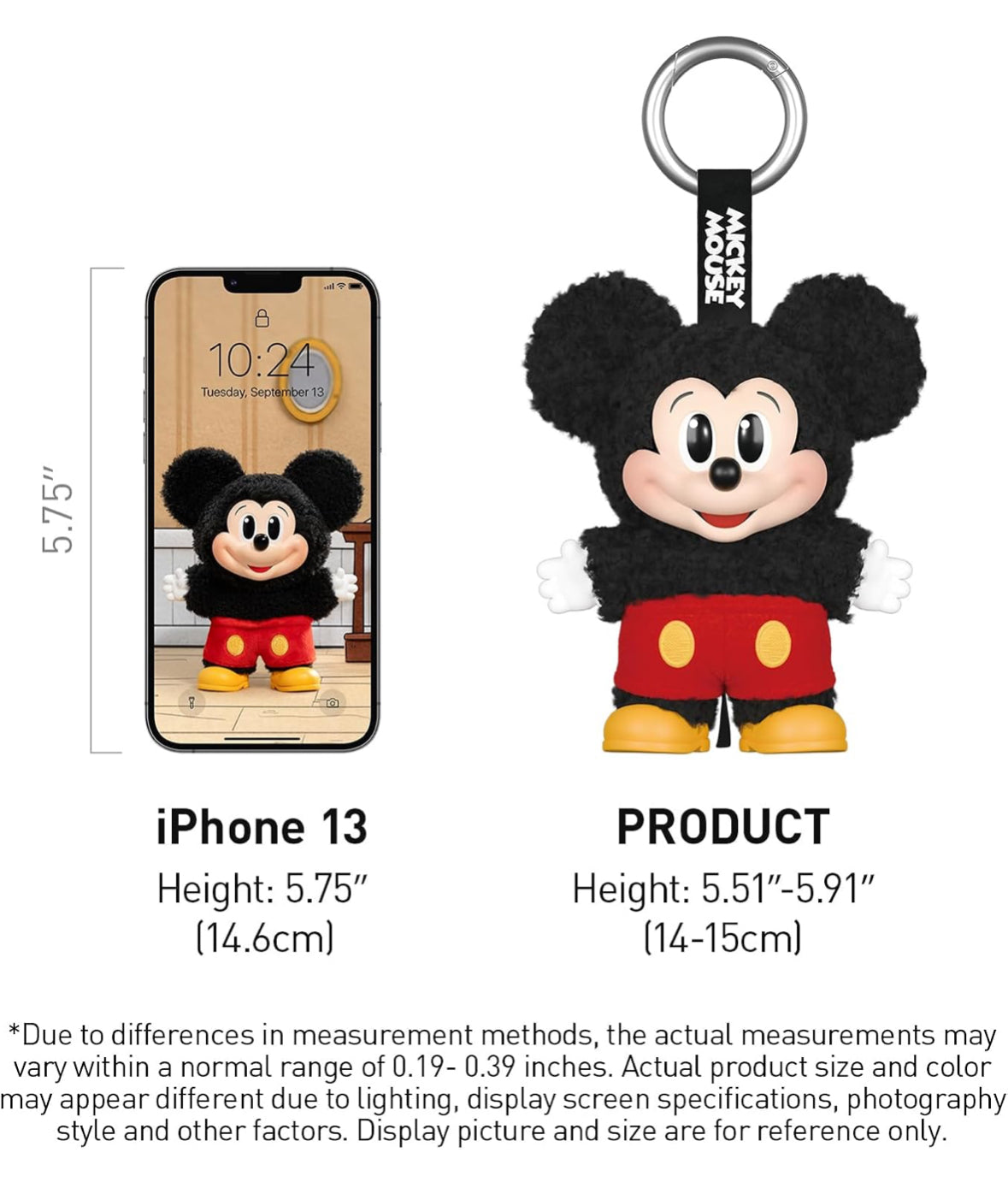 Mickey Mouse keychain with dimensions compared to an iPhone 13
