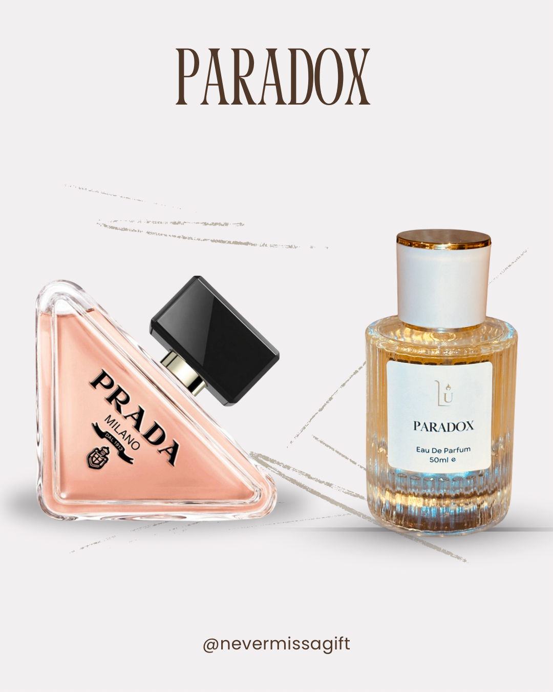 Two perfume bottles, one pink triangle-shaped and one glass bottle with gold accents, on a light background.