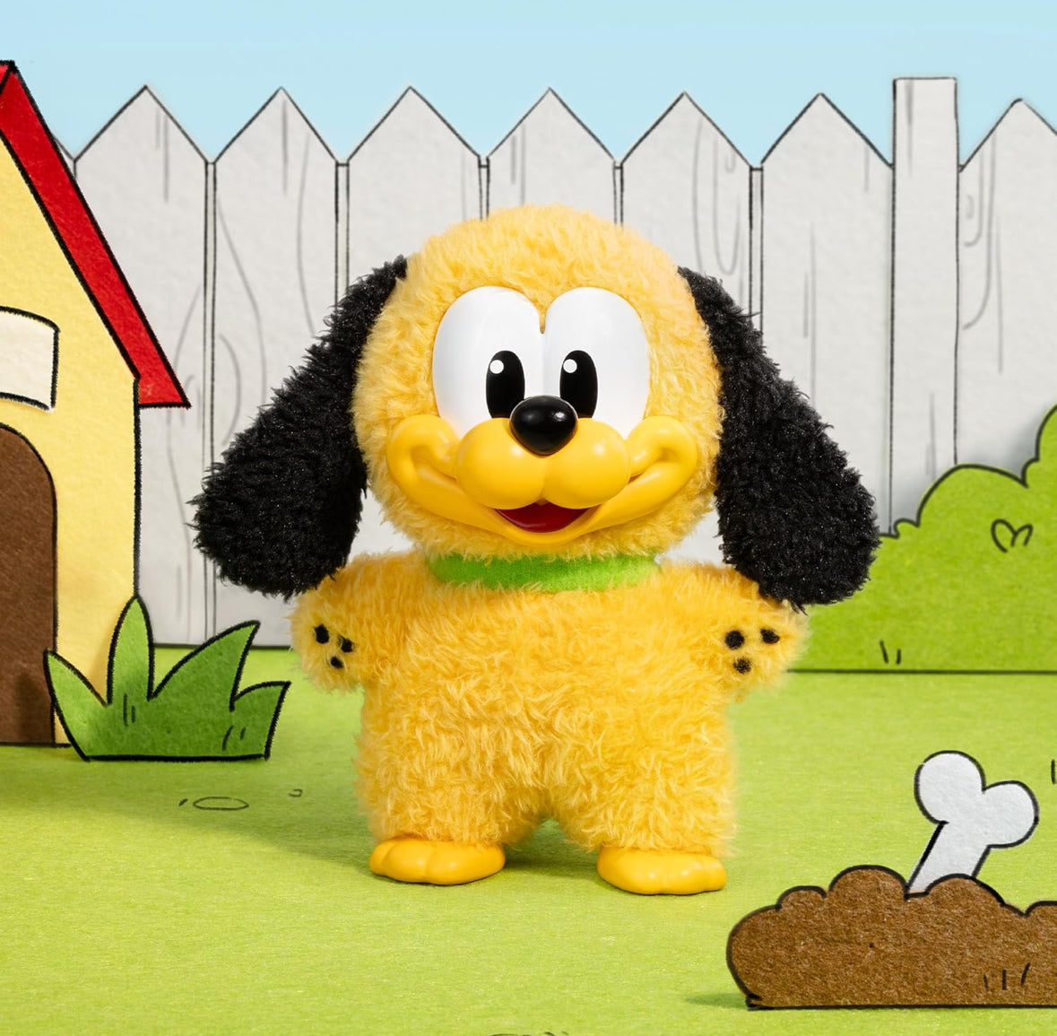Plush toy dog with a cartoon-style house and fence in the background