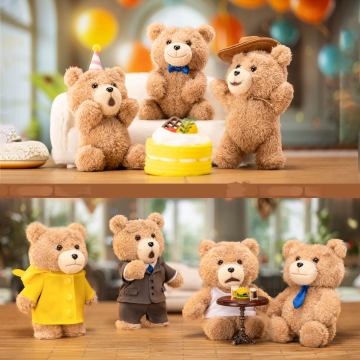 Collection of teddy bears in various poses with a cake on a wooden surface.
