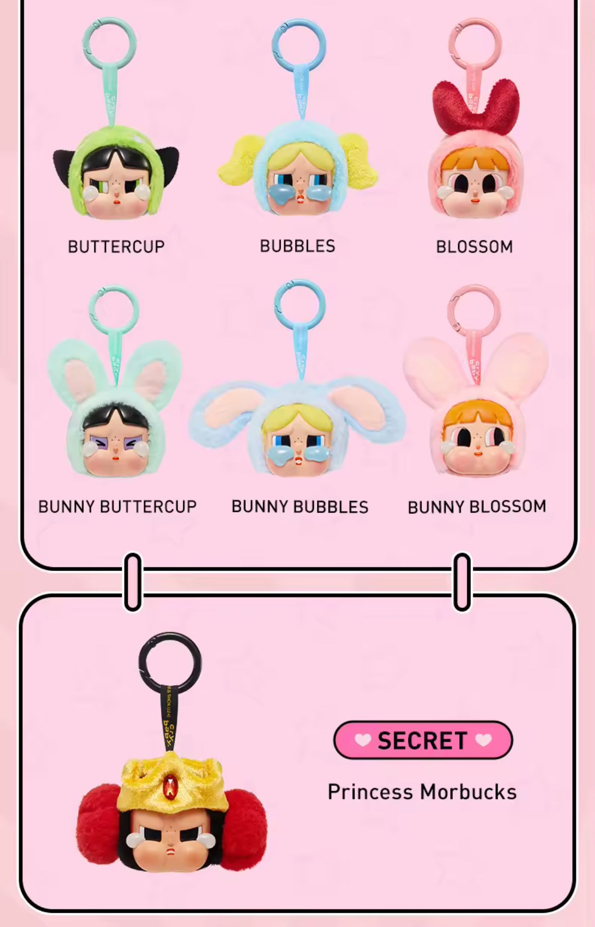 Introducing the Pop Mart Powerpuff Girls Cry Baby Series! Each blind box features a vinyl faced plush bag pendant doll.