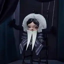 Character with long white shirt collar and dark outfit in a dark setting