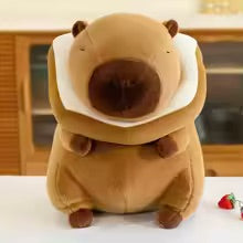Plush toy shaped like a capybara on a white surface with a blurred background