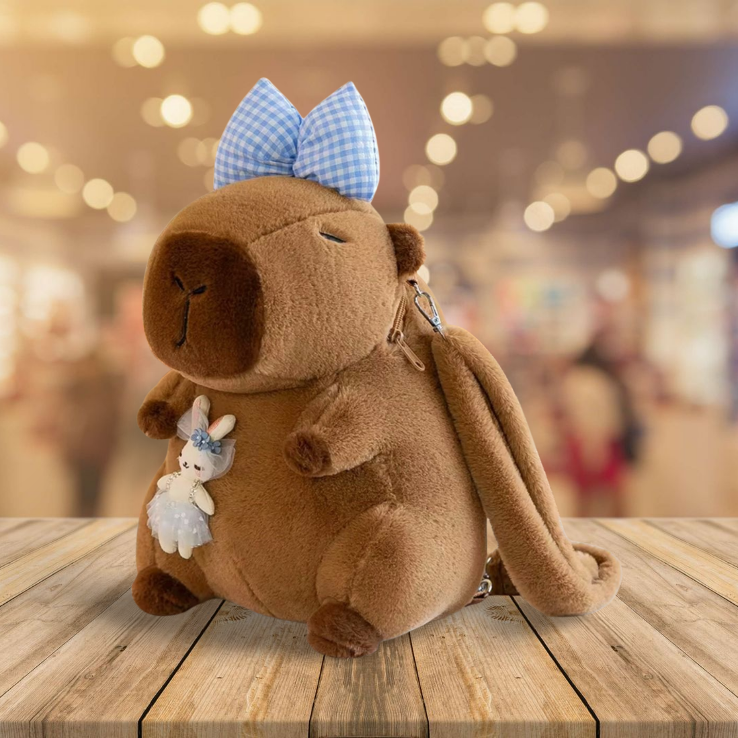 Brown plush capybara with a blue checkered bow on a wooden surface with a blurred background