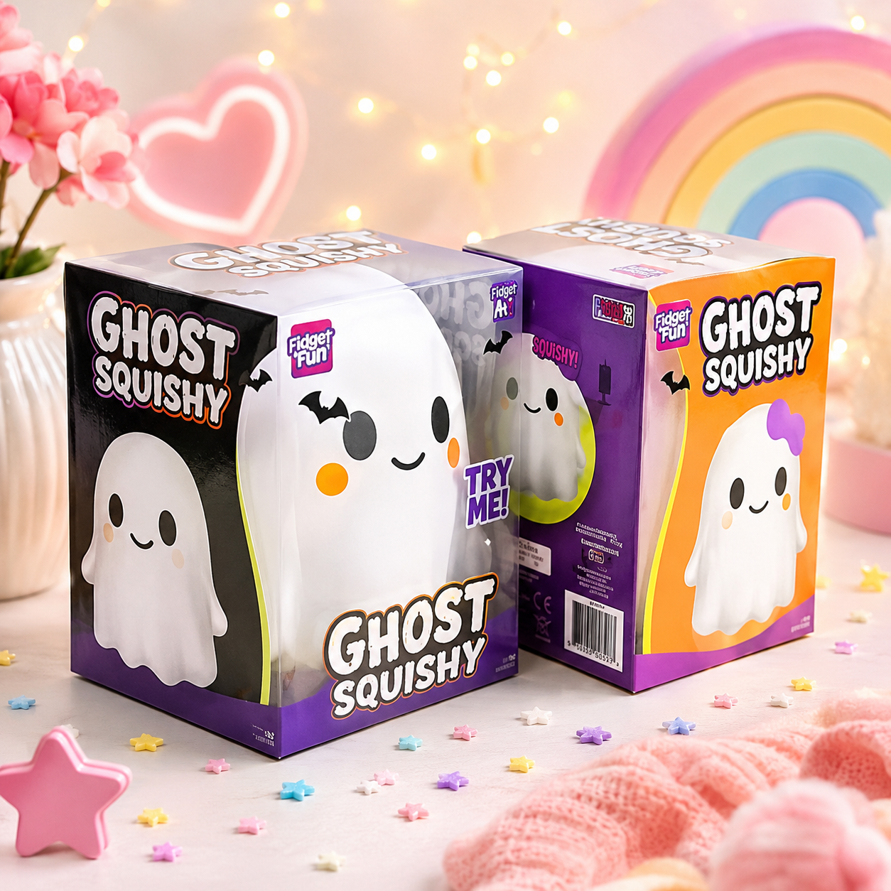 Crazy Fun Ghost Squishy It's a Boy - 15cm white ghost squishy toy in purple box with pastel background, by Never Miss A Gift