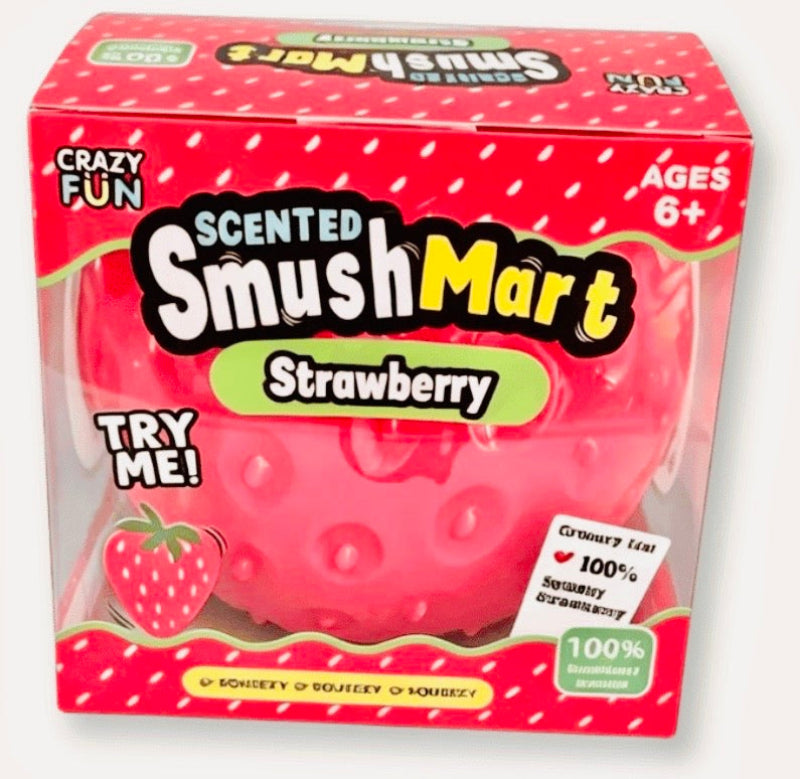 Crazy Fun Smush Mart Scented Strawberry Squishy Toy in retail box — 100% squishy strawberry, ages 6+