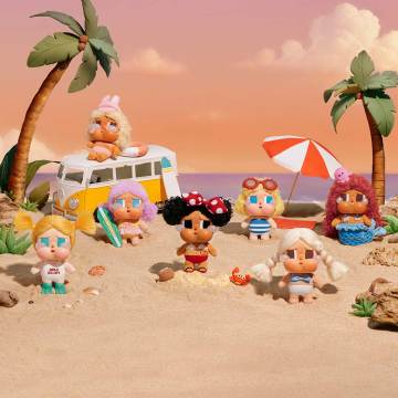 Toy figures on a beach with palm trees and a van in the background
