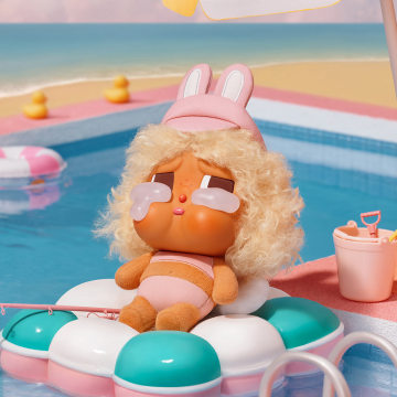 Animated character with blonde hair and orange skin sitting on a pool float in a pool.