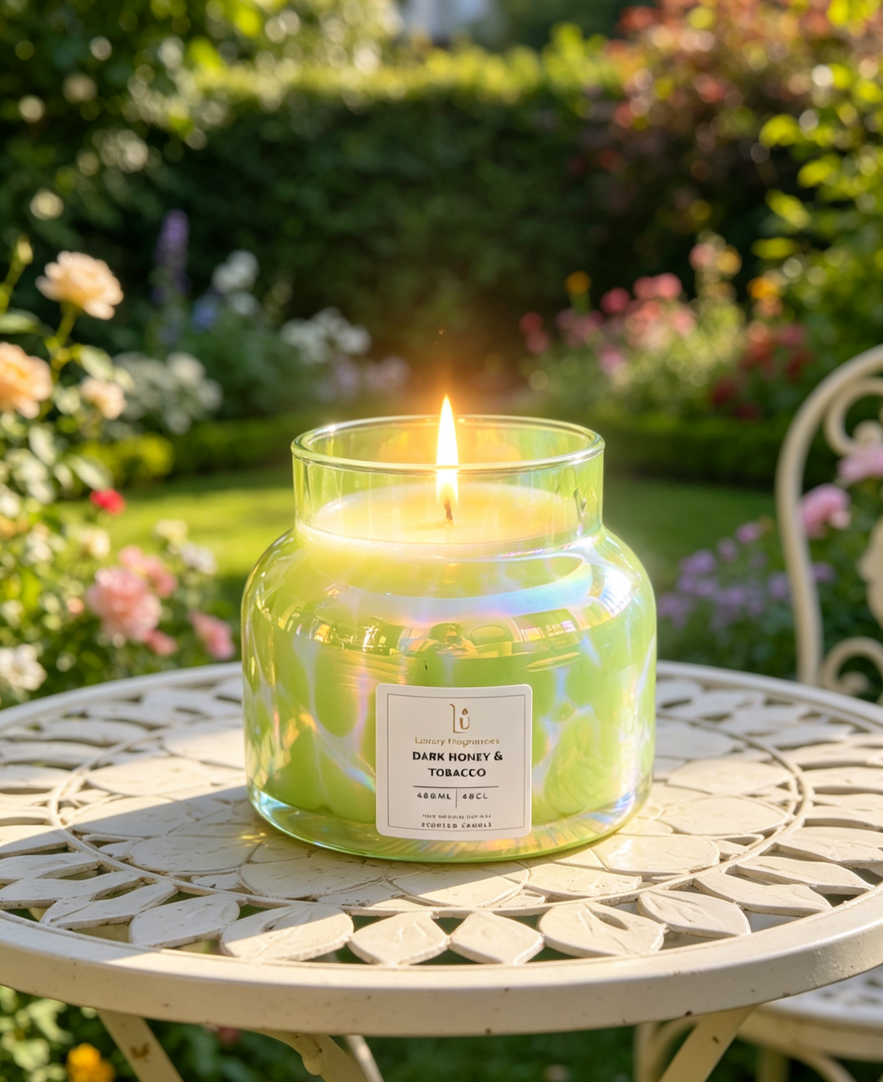 A lit scented candle jar with lid off.  Sits on a white metal garden table, with a blurred flower garden in the background. The label reads 'Dark Honey & Tobacco' 