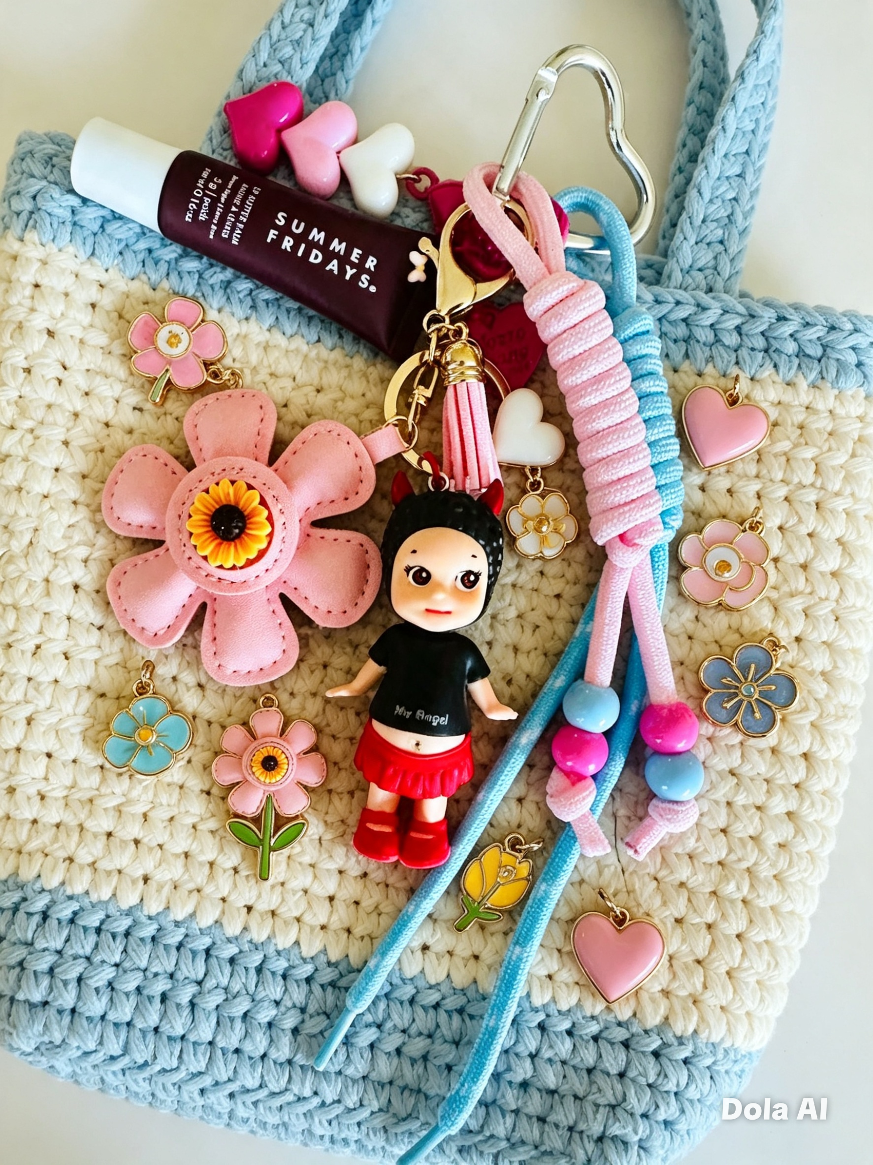 A pastel crochet tote bag with blue and cream stripes, decorated with a pink flower charm, a small doll keychain, pink and blue braided cord, heart charms, and a lip balm tube tucked inside.