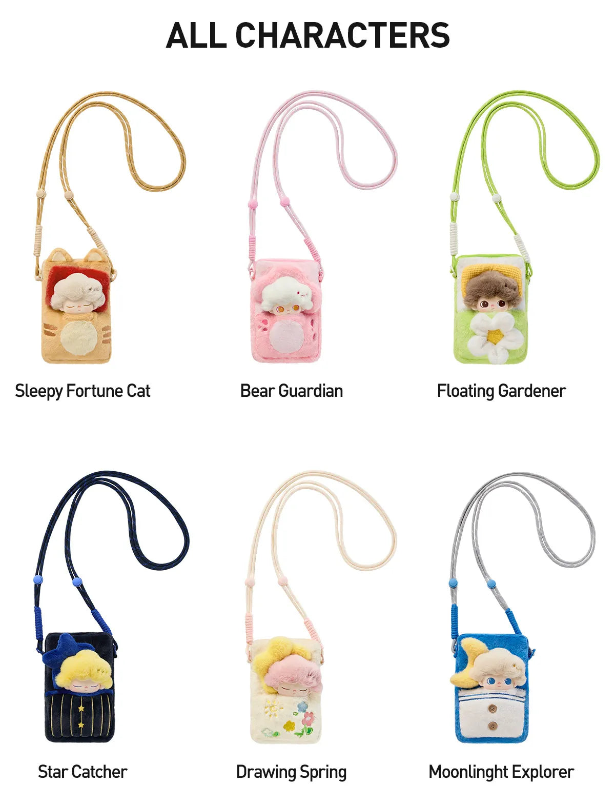 Collection of small pouches with character designs on a white background