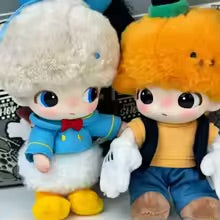 Two plush toys, one resembling a character with a blue outfit and yellow shoes, and the other with an orange hat and yellow shoes, on a white background.