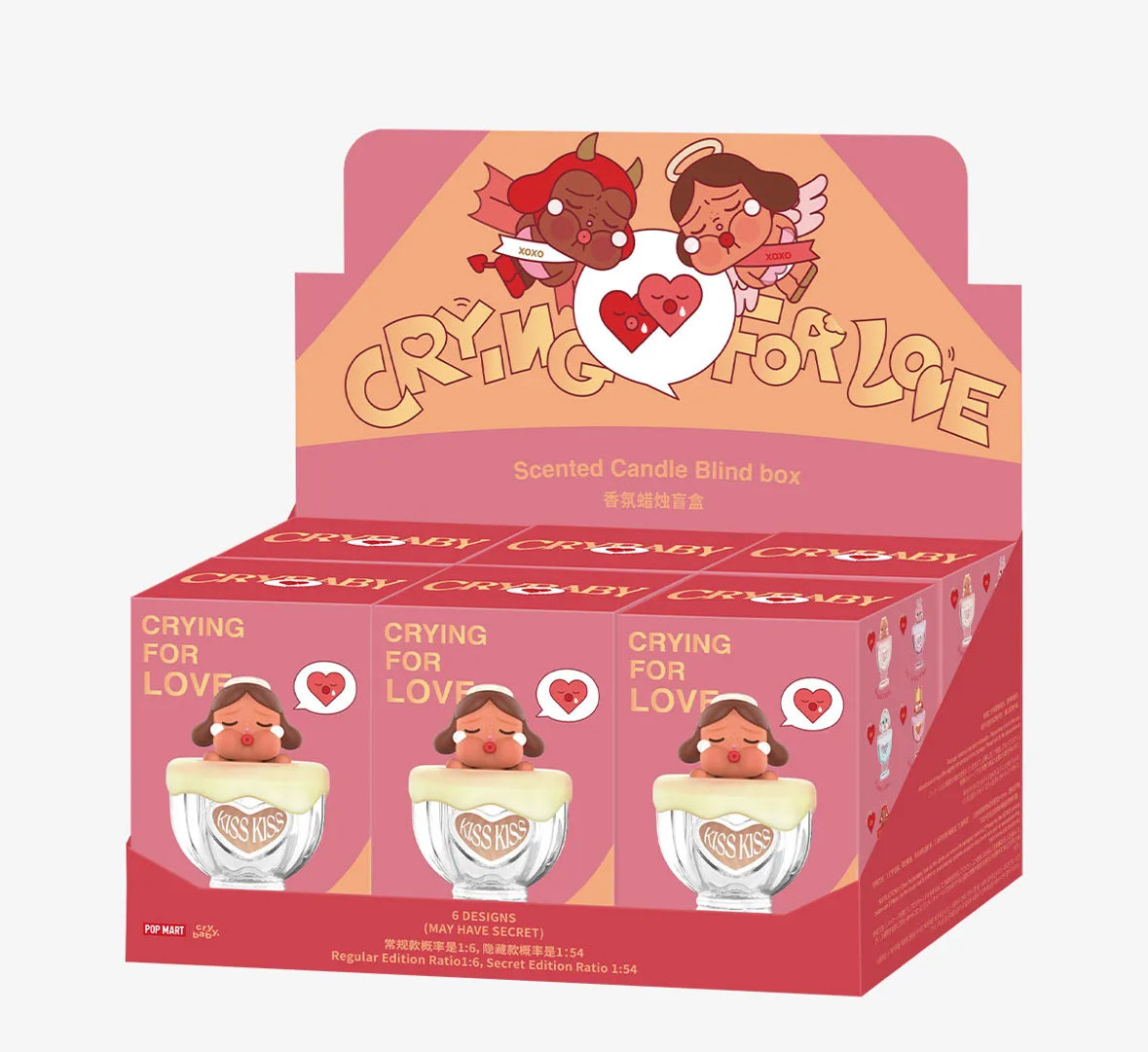 Crying for Love scented candle blind box packaging with cartoon characters on a white background