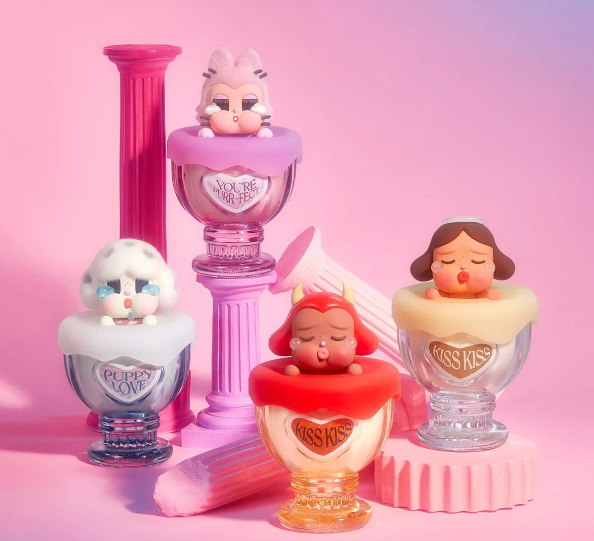 Set of cute figurines with pink and pastel colors on a pink background