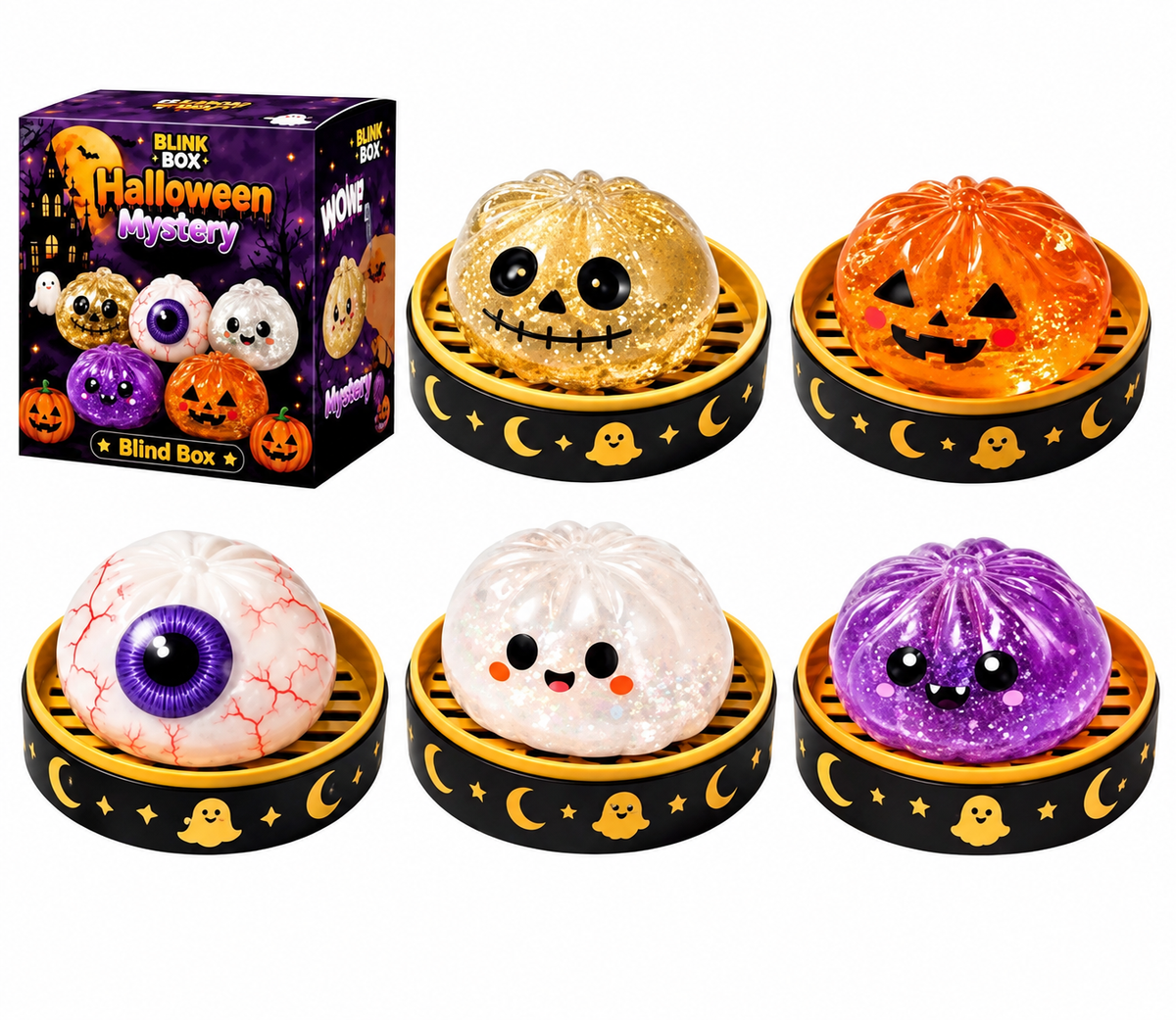 Blink Box Halloween mystery box showing five possible squishy dumpling designs
