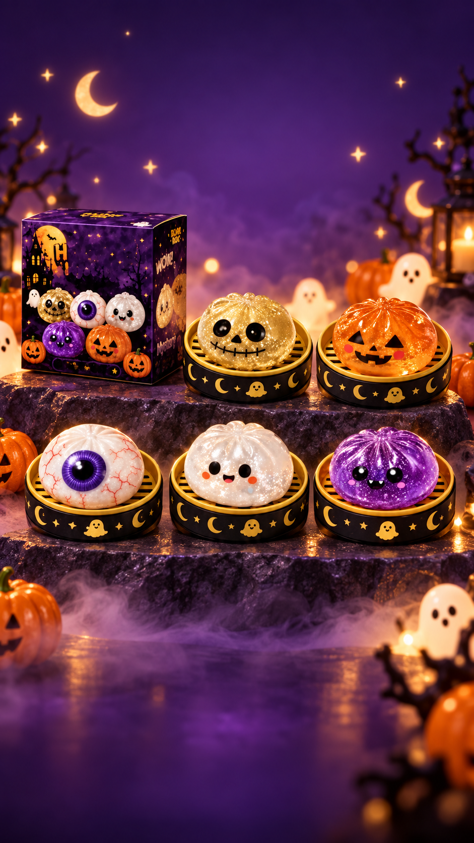 Five possible Blink Box Halloween squishy designs displayed with the mystery box